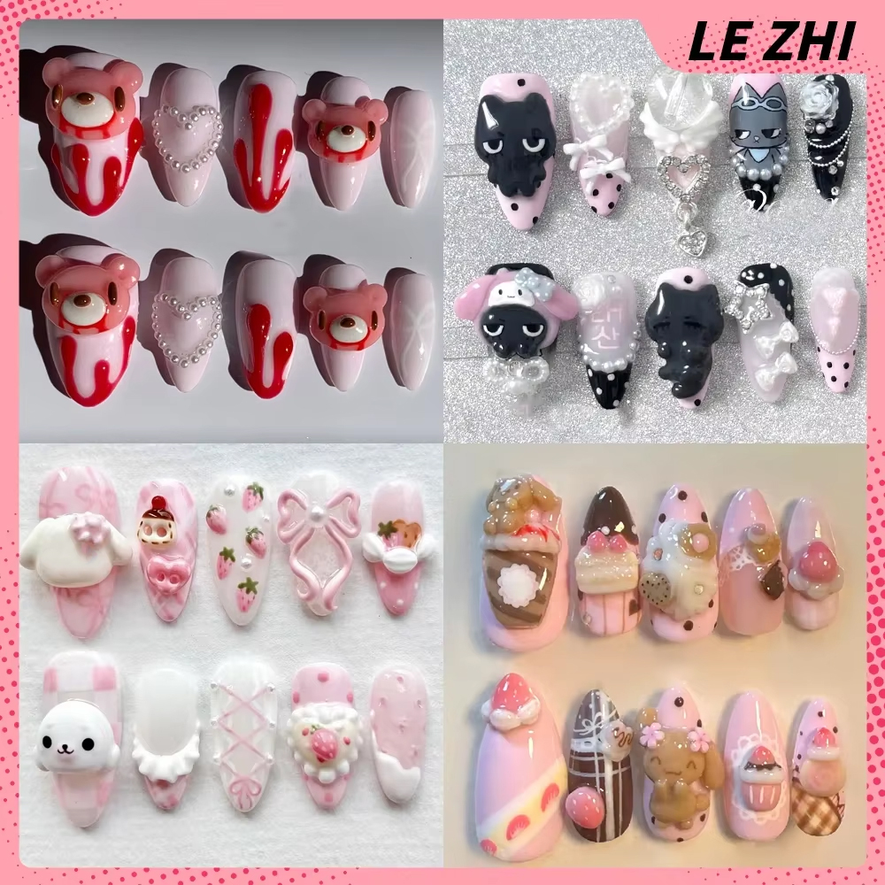 Nail Art Strawberry - 3D Kawaii Hand-Carved Rilakkuma Press On