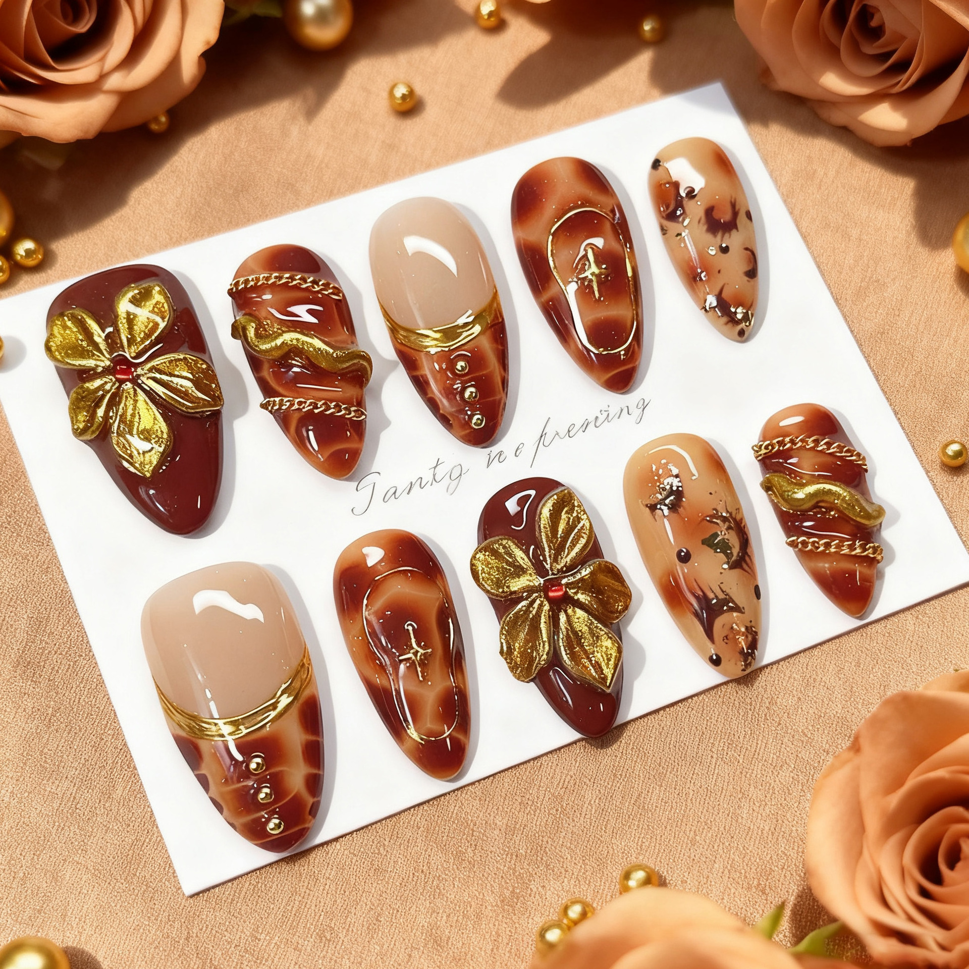 Nail Art Leopard - 24pcs Flower False Nails Brown Leopard