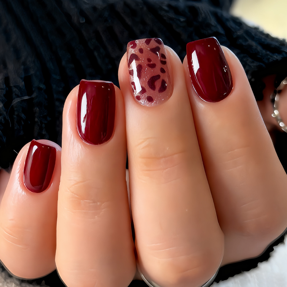 Nail Art Leopard - 24Pcs French Short Red Leopard Print