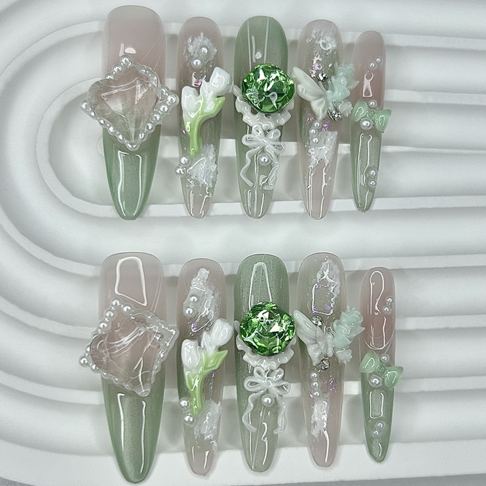 Nail Art Emerald Green - Elegant Retro Emerald Green French Handmade