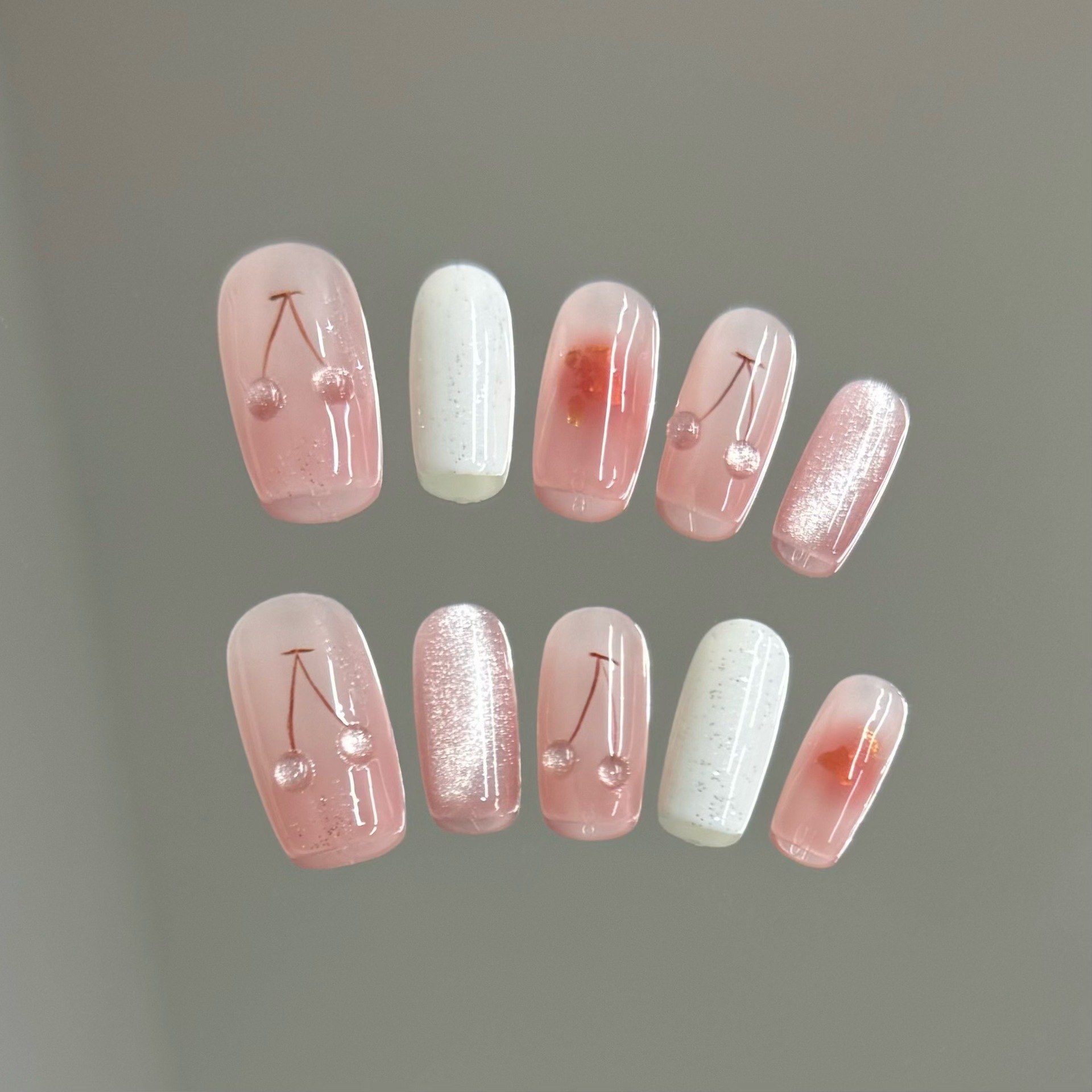 Nail Art Full Cat Eye - 10pcs Pink Cat-Eye Handmade Nails Cherry