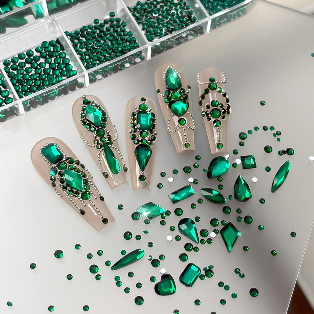 Nail Art Emerald Green - 12Grids 3D Sparkle Emerald Green Nail