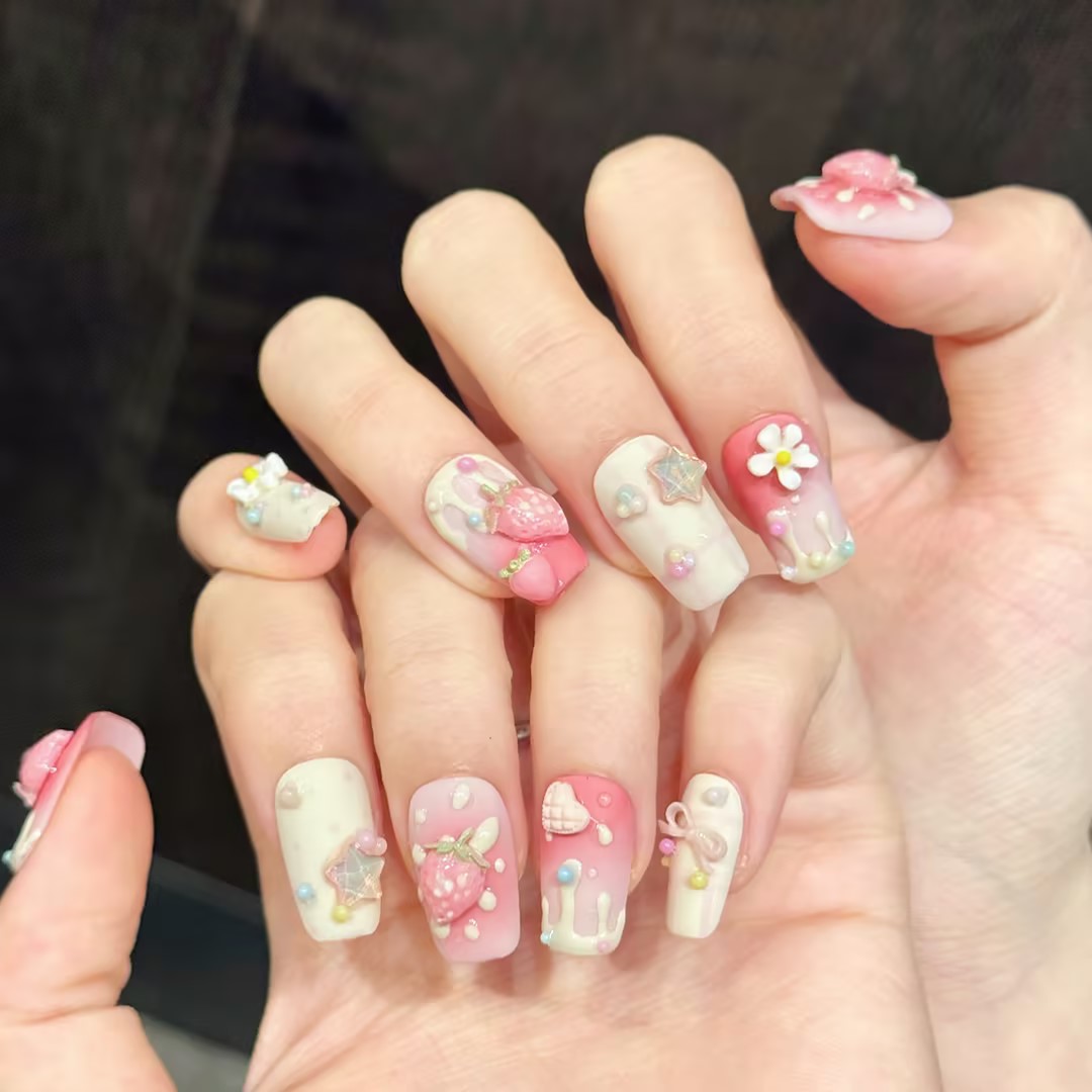 10PCS Square Handmade Press On – обзор и цена Nail Art Strawberry