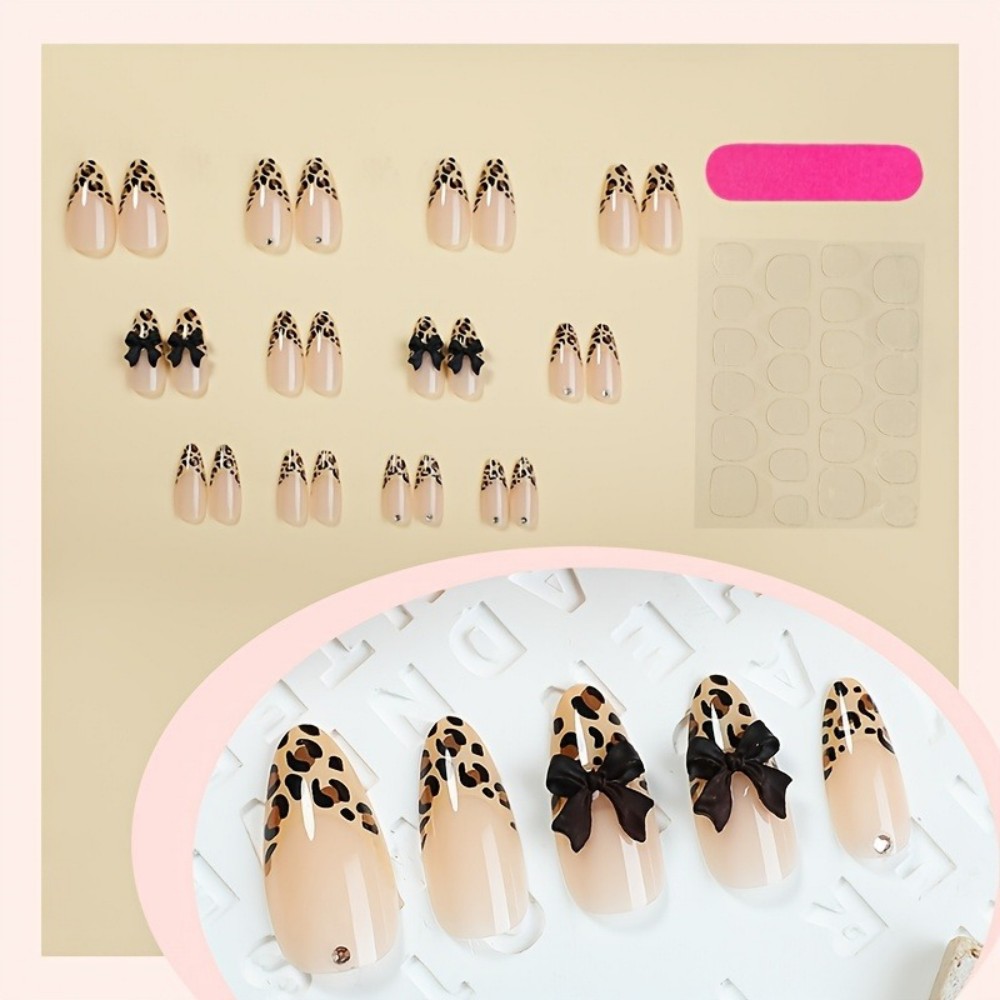 24pcs French Almond Press on N – обзор и цена Nail Art Leopard